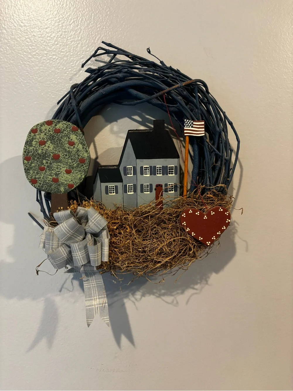 Patriotic Blue Grapevine Home Wreath with House and Tree